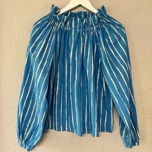 Marimekko Striped Blue White Stretch Off Shoulder Long Sleeve Top Size M